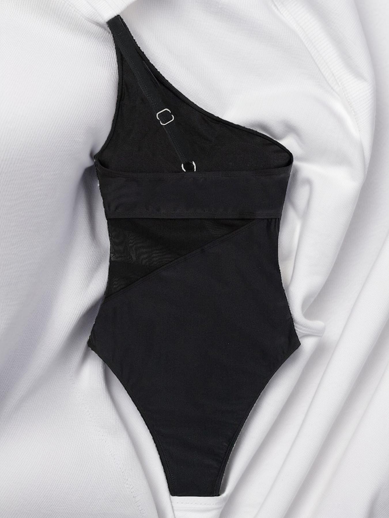 Women's Contrast Mesh One Shoulder Swimsuit, Asymmetrical Neck Swimwear, Ladies One Piece Swimsuit for Summer Beach Holiday Vacation, Bathing Suits 2024 for Women, Tummy Control Swimwear, Swimsuit for Women, High Stretch Swimwear