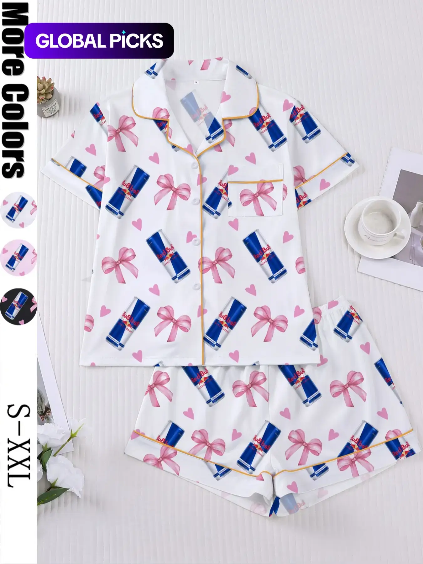 Women's Heart & Bow Print Sleepwear Set Pjs, Short Sleeve Button-Up Top & Elastic-Waist Shorts, Casual Loungewear for Home and Pajama Parties