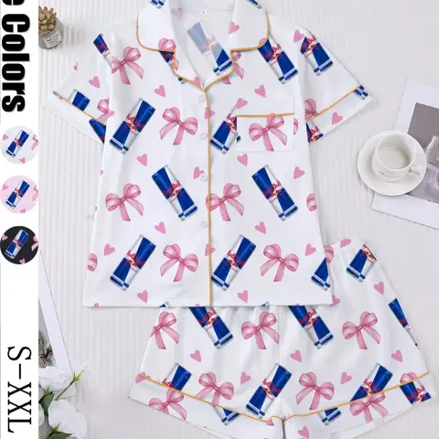 Women's Heart & Bow Print Sleepwear Set Pjs, Short Sleeve Button-Up Top & Elastic-Waist Shorts, Casual Loungewear for Home and Pajama Parties #GLOBAL PICKS