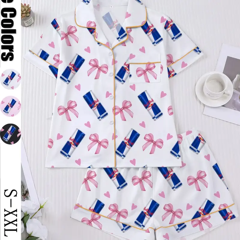 Women's Heart & Bow Print Sleepwear Set Pjs, Short Sleeve Button-Up Top & Elastic-Waist Shorts, Casual Loungewear for Home and Pajama Parties #GLOBAL PICKS