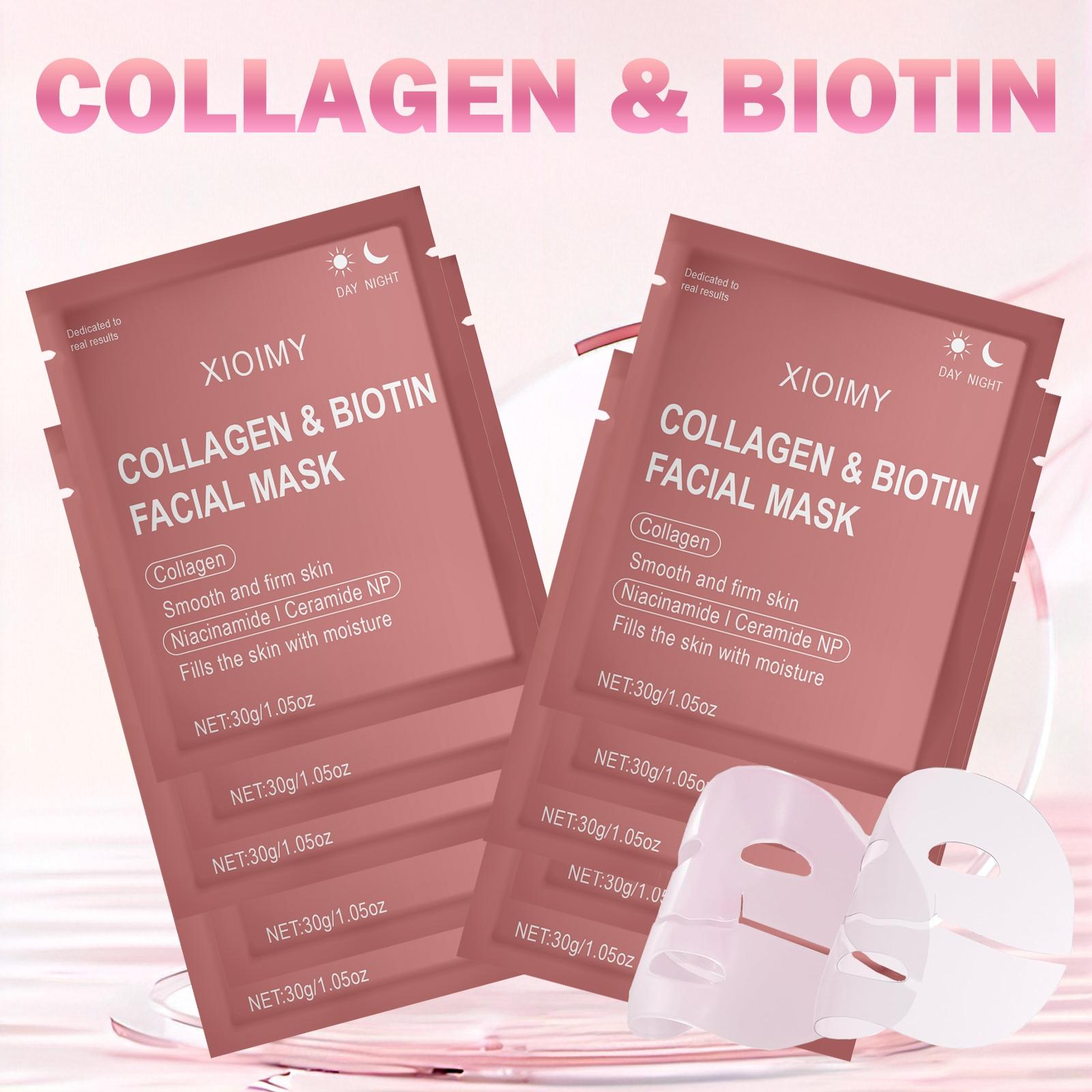 10 Pack Collagen & Biotin Face Masks, Alcohol-Free, Low Allergen, Intense Hydration, Moisturizing Facial Mask, Smooths and Brightens All Skin Types, Gentle