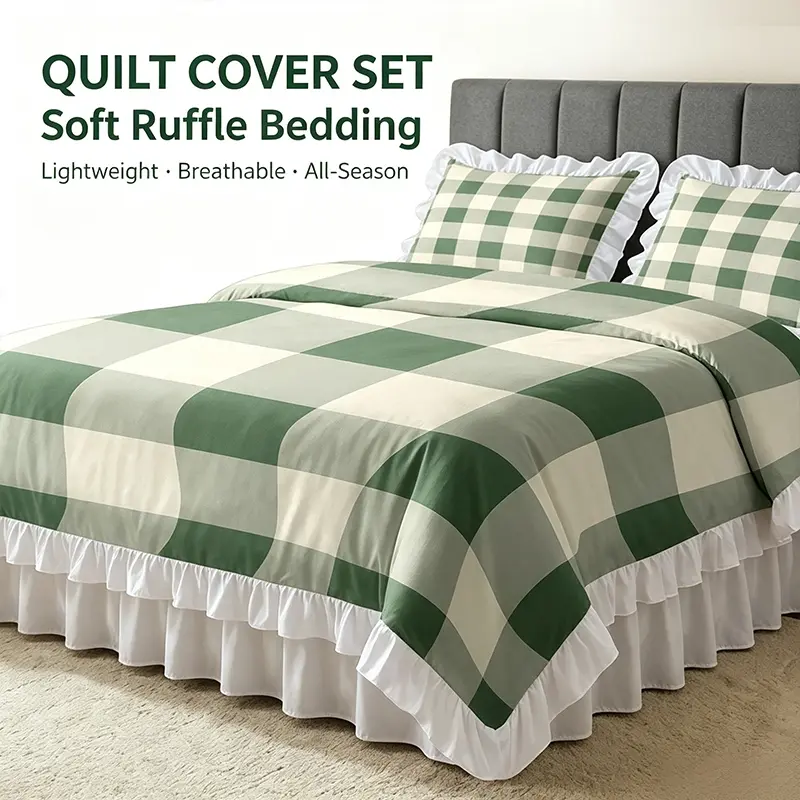 Beige Black Checkered Ruffle Duvet Cover Set, Vintage Patchwork Design Bedding, Soft Duvet Cover & Ruffle Pillowcases for Bedroom Makeover
