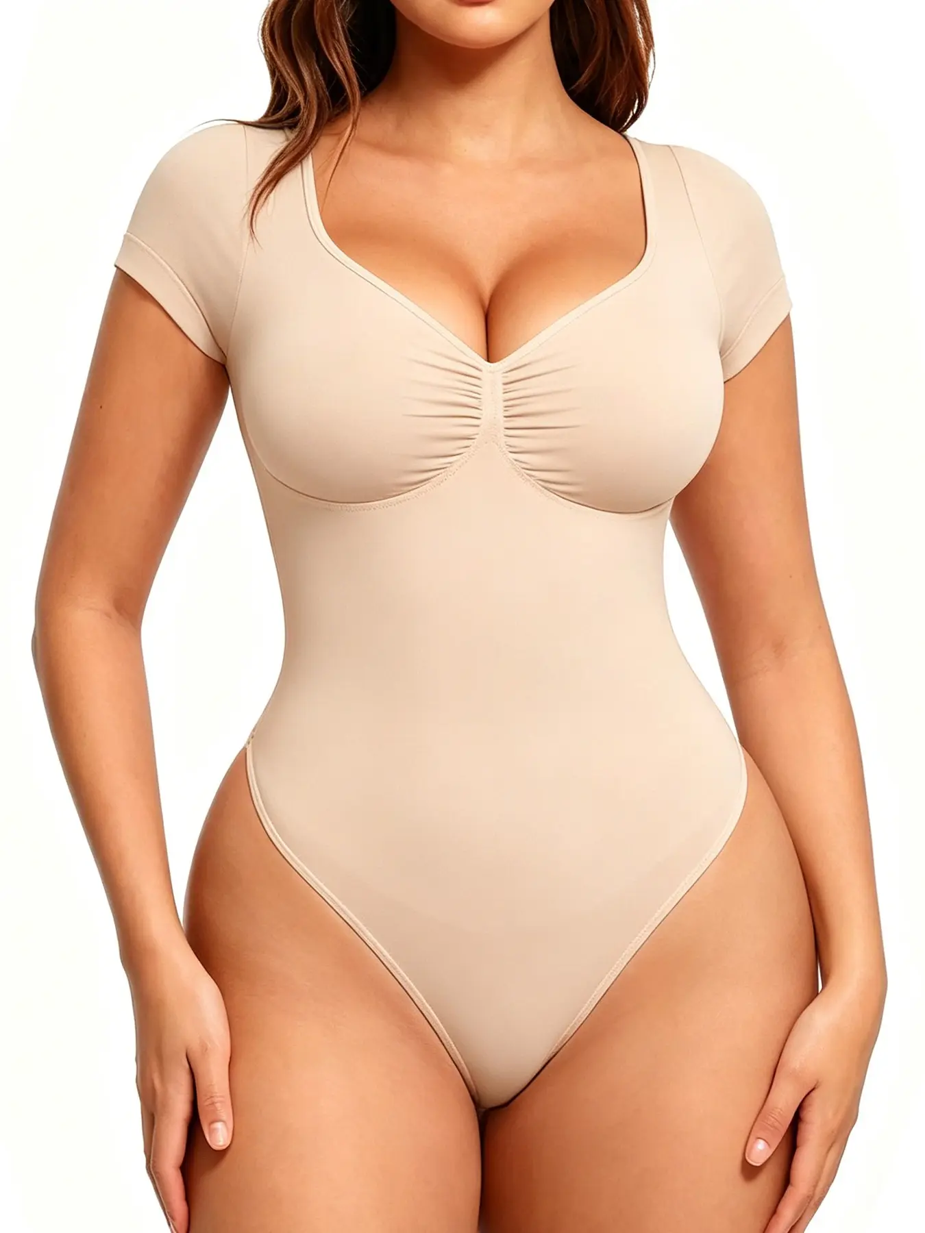 Women's Shapewear Bodysuit, Tummy Control, Thong Style, Yoga Fitness, V-Neck, Seamless Elastic Tee, Short Sleeve, Breathable, Slim Fit, Everyday, Underwear, Basic