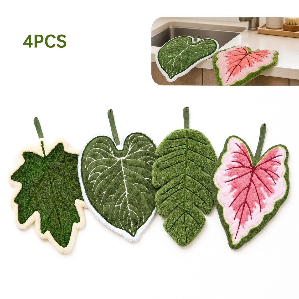4 Pcs Leaf Shaped Hand Towels, Soft Absorbent Chenille Hanging Towel Set, Cute Tropical Plant Kitchen Bathroom Towels