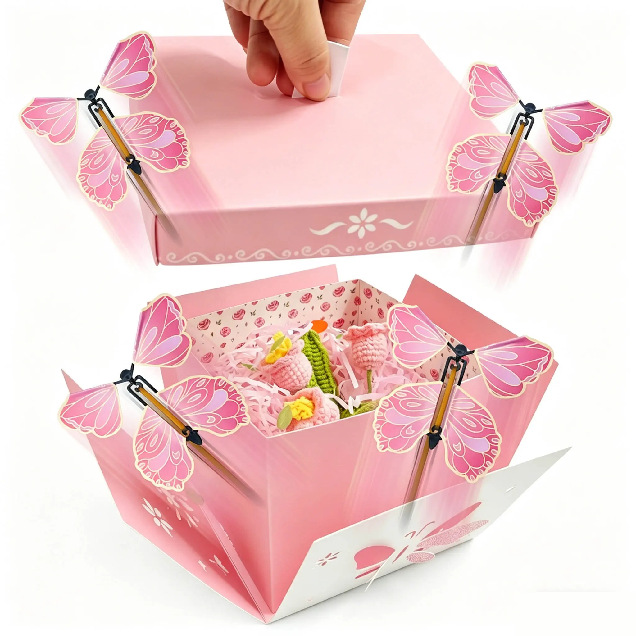 Hollow Butterfly Explosion Surprise Box, Elegant Reusable Paper, Includes Dual Layer Box, 4 Butterflies, Card, Ribbons, Perfect for Any Occasion