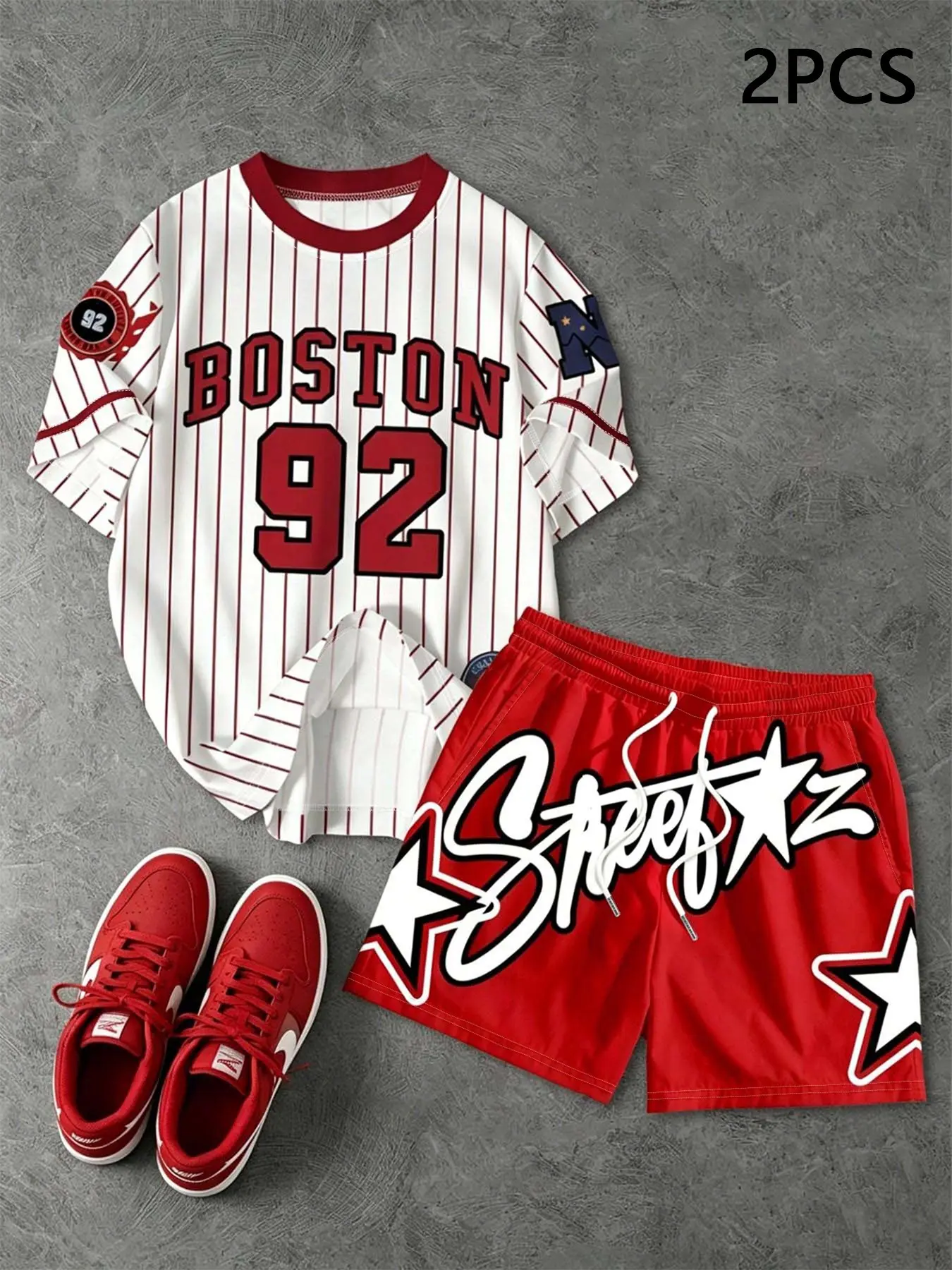 Men's two-piece Boston 92 striped baseball set, Striped pattern, round-neck striped short sleeves with letters and numbers, red drawstring shorts with star prints, vintage Y2K hip-hop style sports set, for casual summer sports and everyday wear