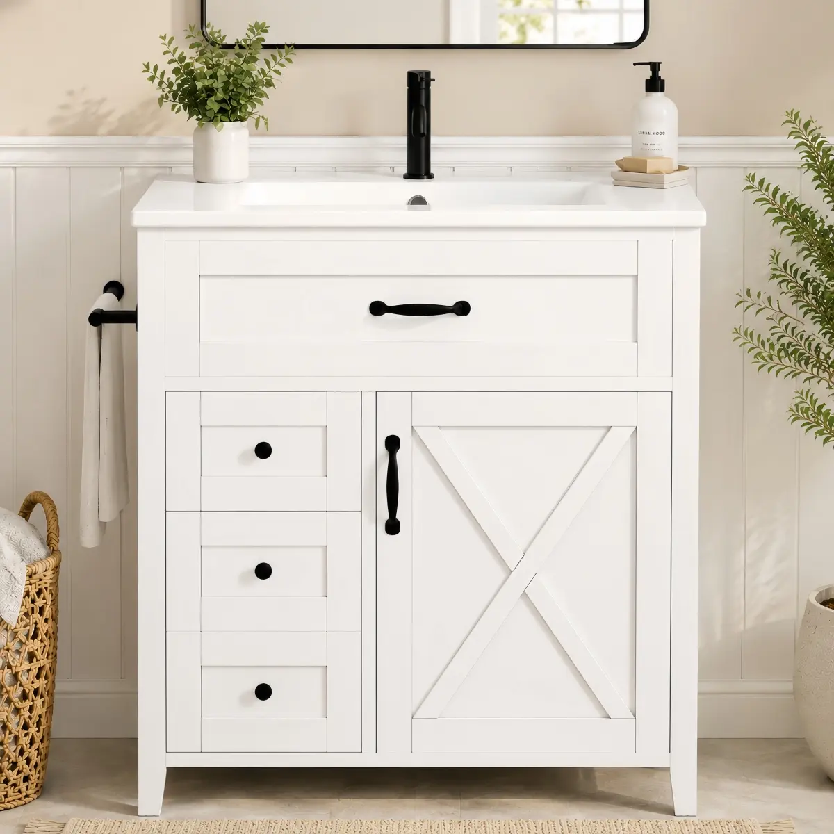 30 Inch Bathroom Vanity with Sink, White Farmhouse Vanity Cabinet, Freestanding Single Sink Vanity with 3 Drawers, Tilt-Out Storage, Adjustable Shelf, Door Shelves & Reversible Towel Bar