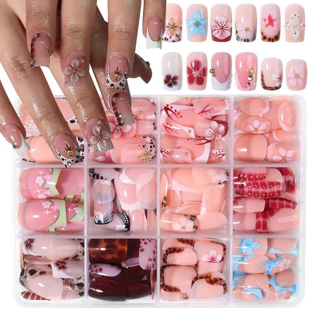288pcs French Flower Nails, 3D Gel Petals, Star Design, Medium Size, Acrylic Material, Includes Glue and File, Perfect for Summer