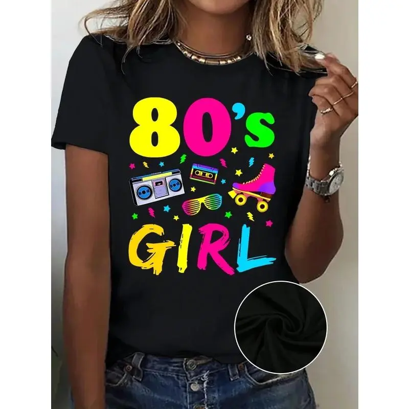 Vintage Radio Roller Skate Print Crew Neck Stretch Short Sleeve Casual T-shirt