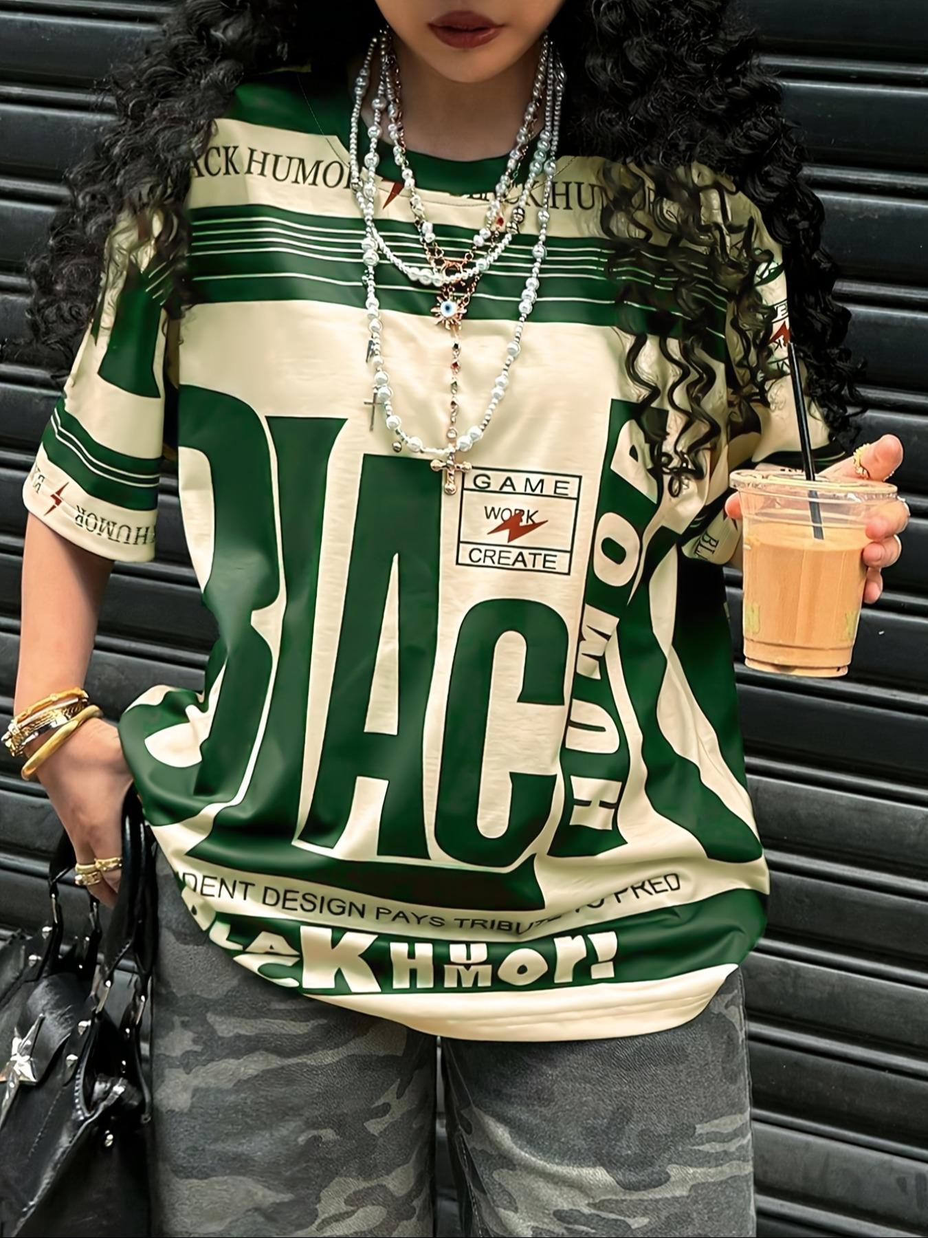 Women's Letter Print Round Neck Tee, Casual Style Tee, Fashion Casual Crew Neck T-shirt for Daily Holiday Vacation Outdoor Wear, Ladies Clothes for Summer, Top