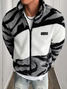 Oversized Zebra Print Fleece Jacket Men Women, High Neck Patchwork Fluffy Sweatshirt, Hip Hop Streetwear Winter Coat for Casual Daily