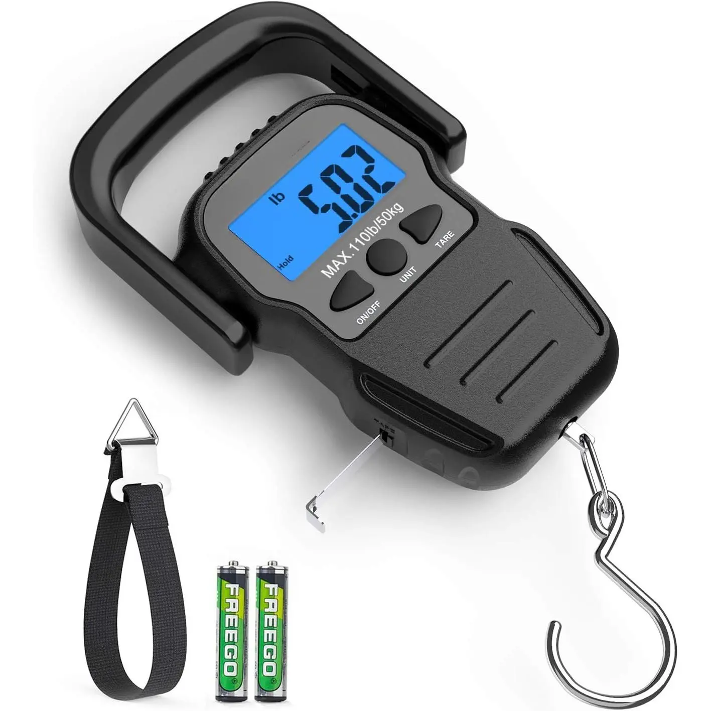 Fish Scale with Backlit LCD Display, Up to 110lb/50kg Digital Portable Hanging Fish Weight Scale with Hook & Measuring Tape  Home, Farm, Outdoor, Hunting, Fishing, 2 AAA Batteries Included