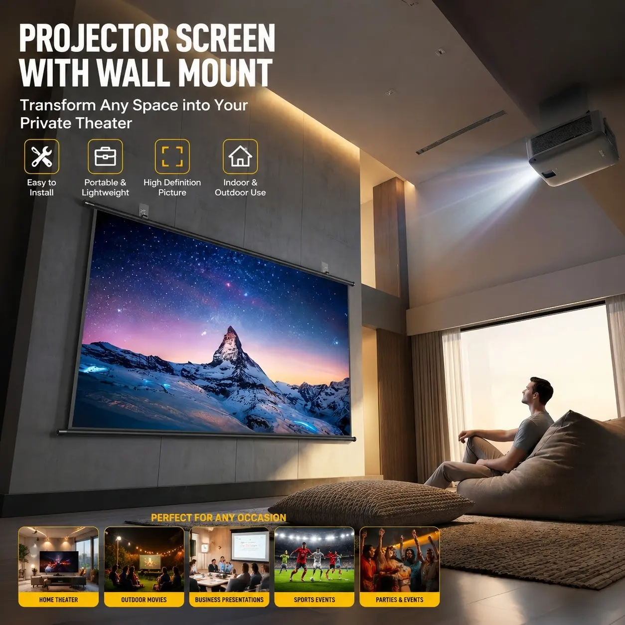 Anti-Glare Wall-Mounted Projector Screen, HD Projection Screen, High-Resolution Projection Cloth, Ideal for Home Theater and Office, Durable and Clear Display