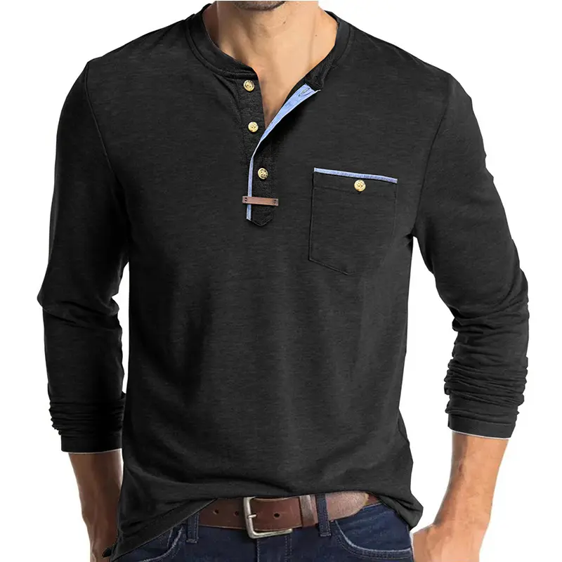 Men's Long-Sleeve Button Henley Shirt - Full Length Beige Plain Knit Top, Comfortable Menswear for Biker Style & Casual Wear