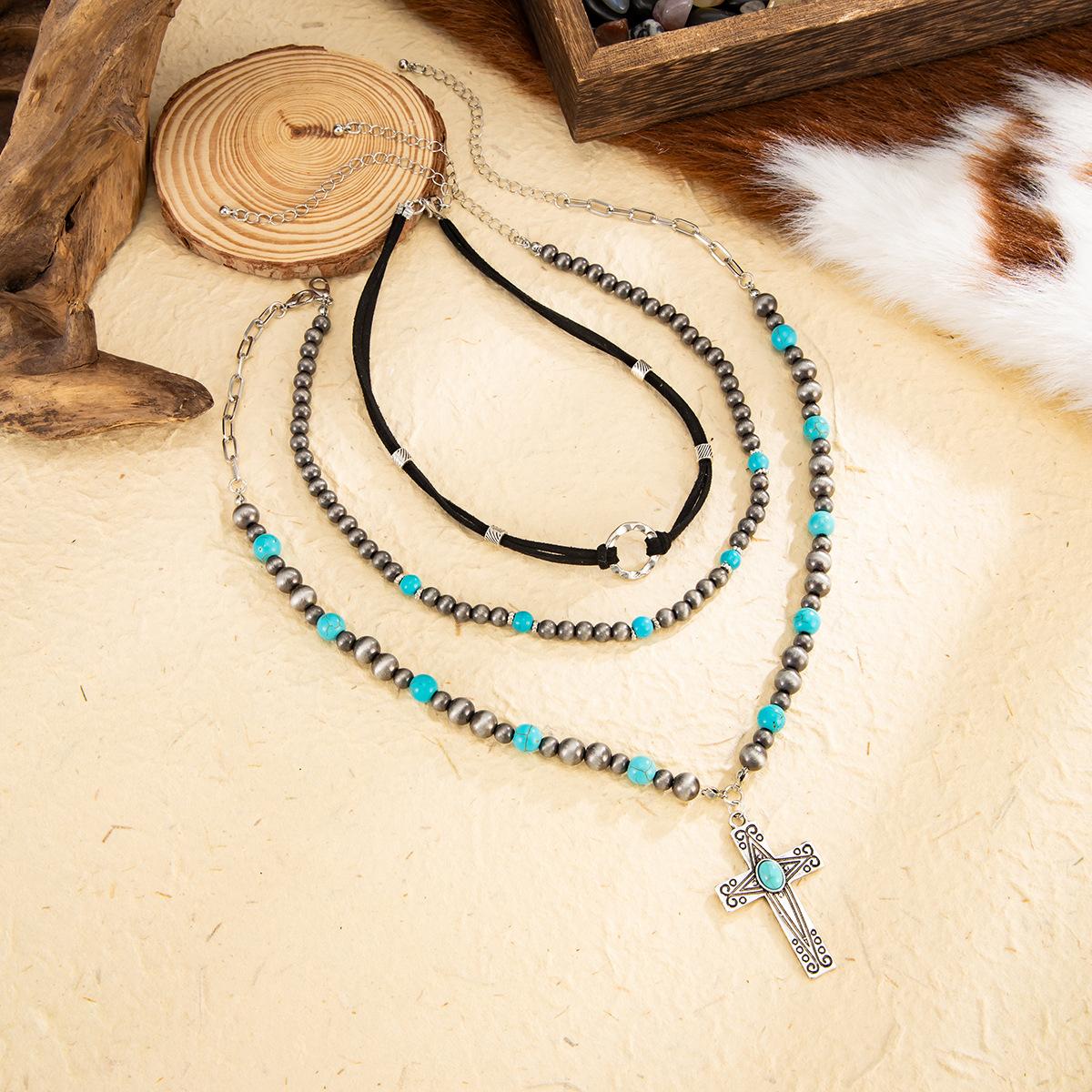 Western Necklaces Boho Turquoise Cross Necklace Set Navajo Pearl Beaded Layered Choker Cowgirl Christian Western Jewelry for Women