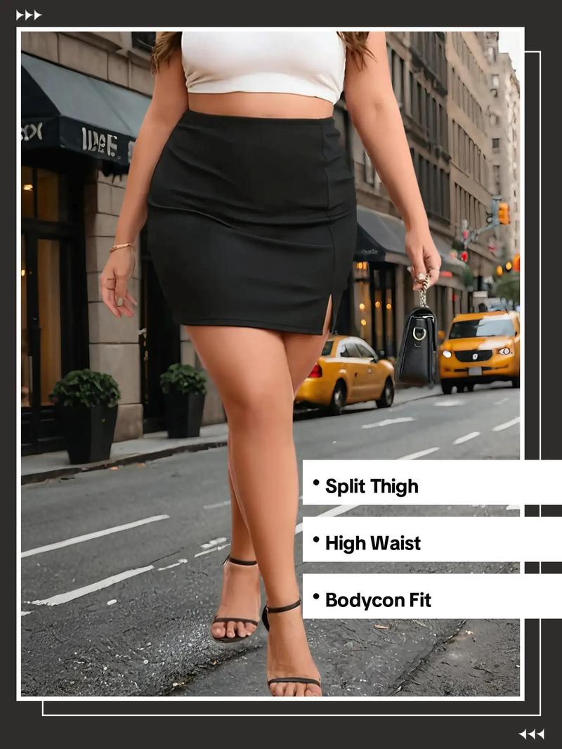 Plus Size Solid Split Thigh High Waist Skirt, Elegant Fashion Casual Minimalist Bodycon Skirt for Daily Outdoor Wear, Women Plus Clothing for All Seasons