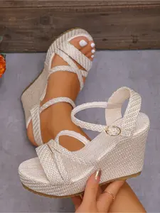 New Spring Summer Cream Woven Open Toe Crisscross Wedges, Roomy Toe Box For Wide Feet, Versatile Fairy Sandals For Date Shopping Pool Party