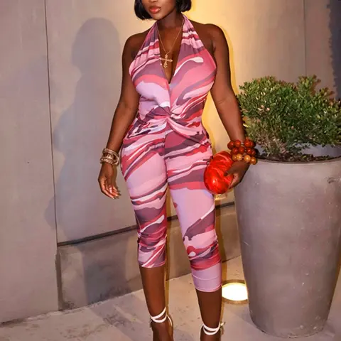 Women's New Hairband + Deep V Tight Sleeveless Seven-Quarter Bodysuit Two-Piece Set, Knitted Jumpsuit Set, Fit Jumpsuits, Camouflage Print + Backless Design, Perfect for Music Festivals, Vacations, Shopping