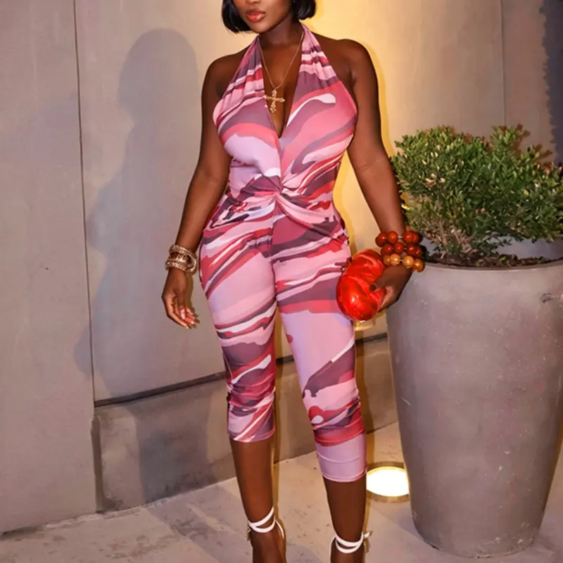 Women's New Hairband + Deep V Tight Sleeveless Seven-Quarter Bodysuit Two-Piece Set, Knitted Jumpsuit Set, Fit Jumpsuits, Camouflage Print + Backless Design, Perfect for Music Festivals, Vacations, Shopping