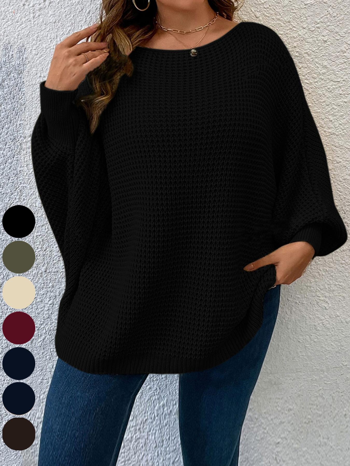 Plus Size Solid Batwing Sleeve Boat Neck Sweater Knitwear, Casual Long Sleeve Jumper for Fall, Plus Size Clothing for Daily Wear, Womenswear