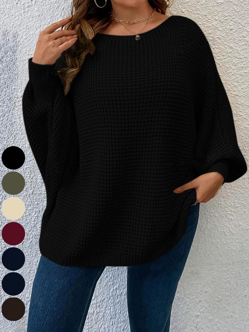 Plus Size Solid Batwing Sleeve Boat Neck Sweater Knitwear, Casual Long Sleeve Jumper for Fall, Plus Size Clothing for Daily Wear, Womenswear