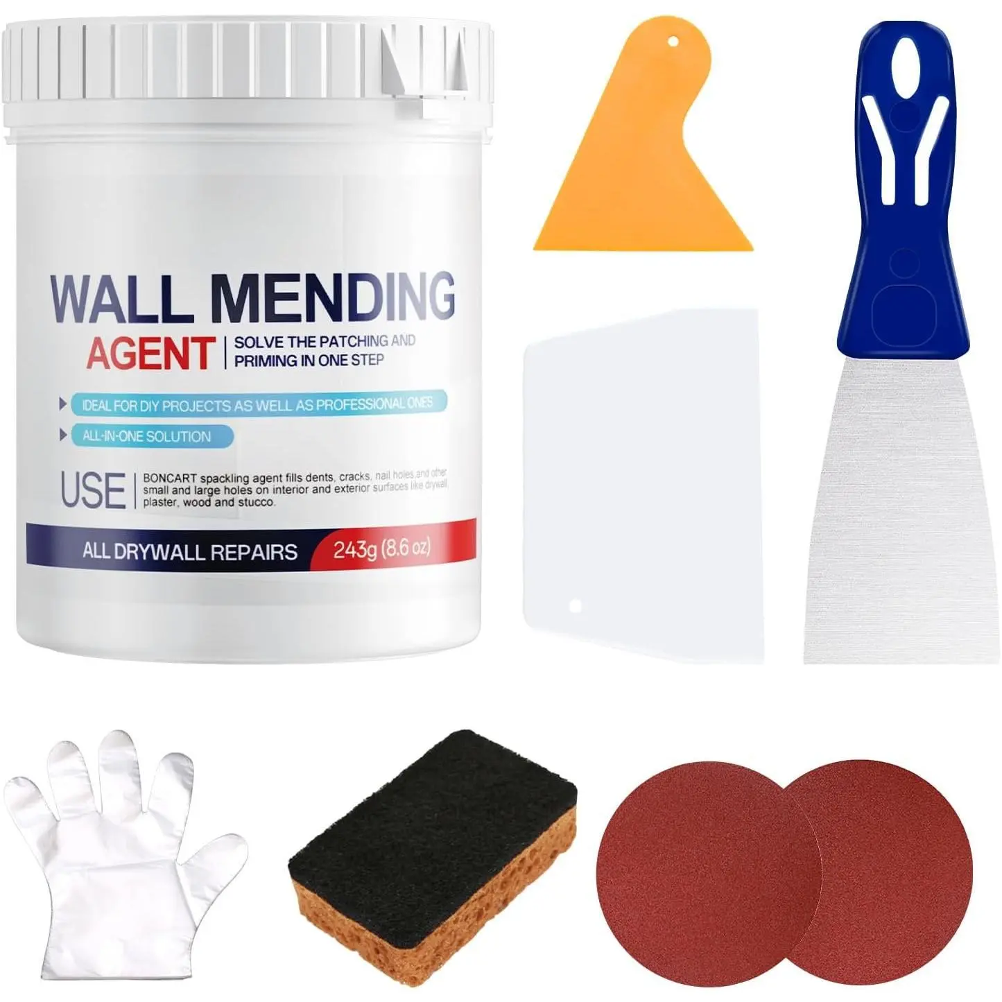 8.6Oz Drywall Patch Repair Kit – Professional -in-1 Tool Set | Includes Scrapers, Putty , Texture Sponge, Sandpaper, And Gloves.  Wall Hole Repair