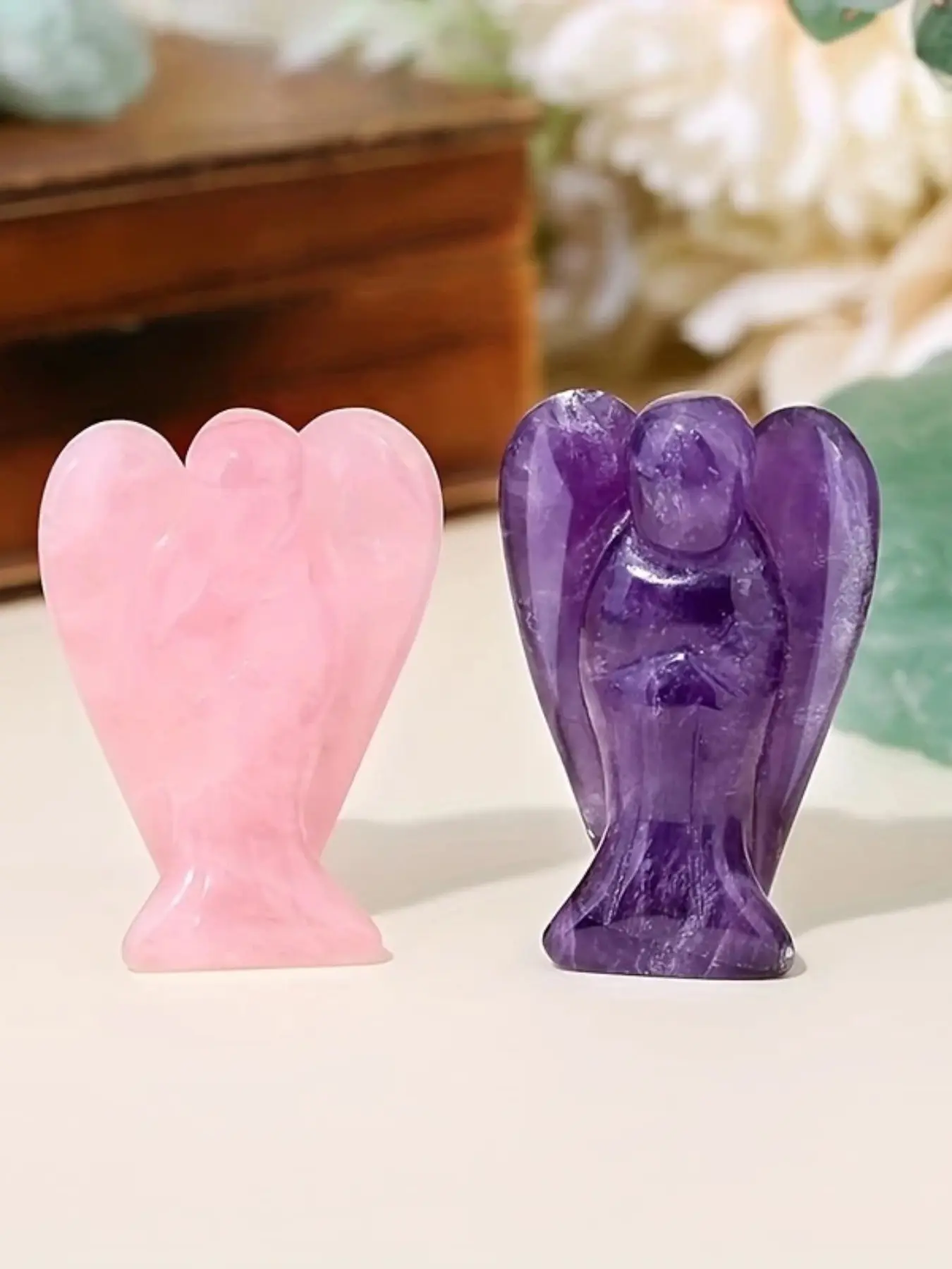 2pcs Angel Crystal Carving Decor, Home Office Decoration, Crystal Decorative Ornaments, Amethyst Rose Quartz, Perfect Gift, Crystal Guardian Stone, Thanksgiving Gift, 1 Inch