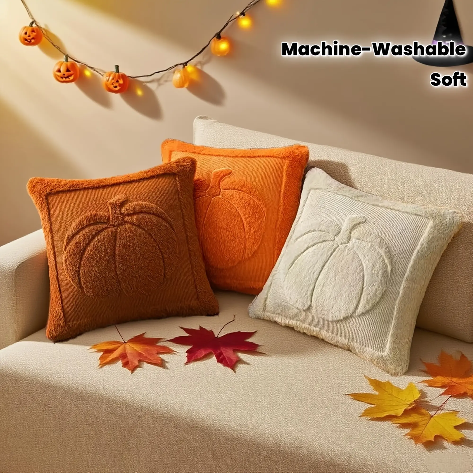 2pcs Set, 3 Colors to Choose From, Halloween Plush Pumpkin Pattern Pillow Cover (pillowcase Only, Without Pillow Core), Comfortable and Soft, Zipper Closed, Machine Washable, Suitable for Home Decoration, Suitable for Halloween