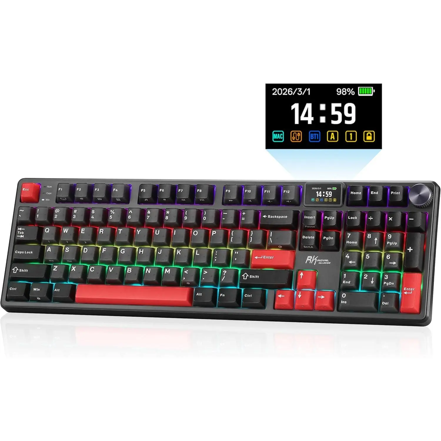 RK ROYAL KLUDGE S104 Wireless Mechanical Keyboard with Screen & Metal Knob | 101 Keys Full Size Top Mount RGB Gaming Keyboard, 8000mAh Battery, Tri-Mode BT/2.4GHz/USB-C, Hot Swap Custom Linear Switch sohochic
