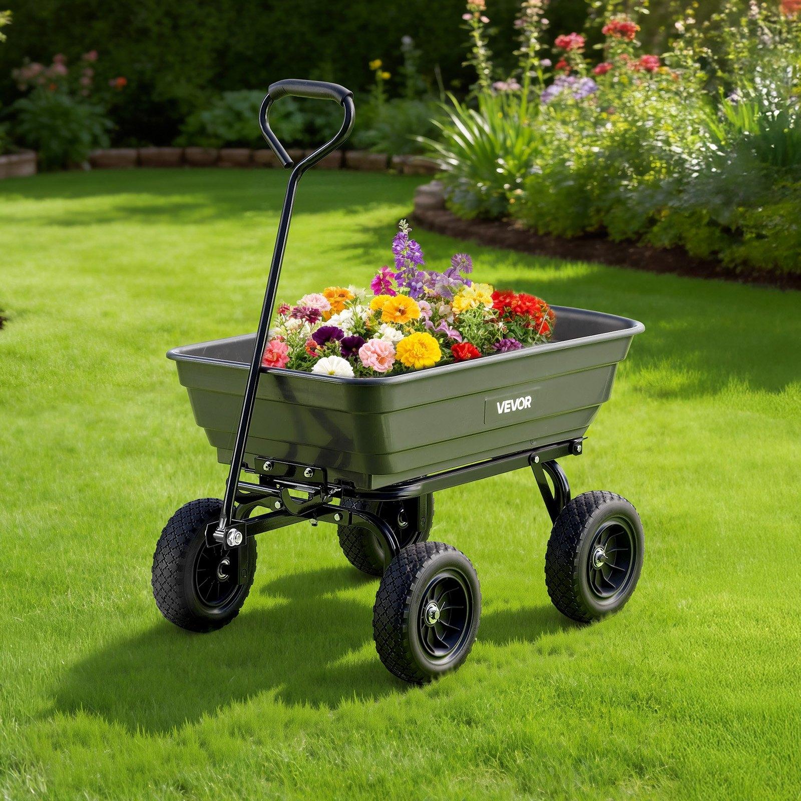 VEVOR Garden Dump Cart, 600 lbs Poly Dump Cart, Garden Carts Dumps Wagon with 90 °   Quick-Dumps Mechanism, 180 °   Swivel Wheels, 270 °   Flexible Rotating Bearings, Yard Wagon for Plants, Soil, Crops