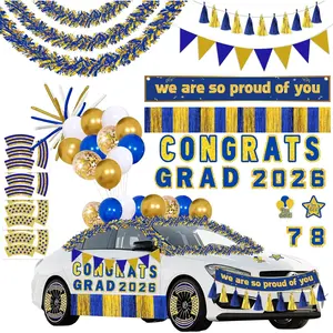 58pcs Graduation Car Decorations 2026 Set – Blue Gold Magnets Tinsel Garlands Banners Balloons Kit for Class of 2026 Party, Parade Float, Indoor Outdoor Hanging Decor