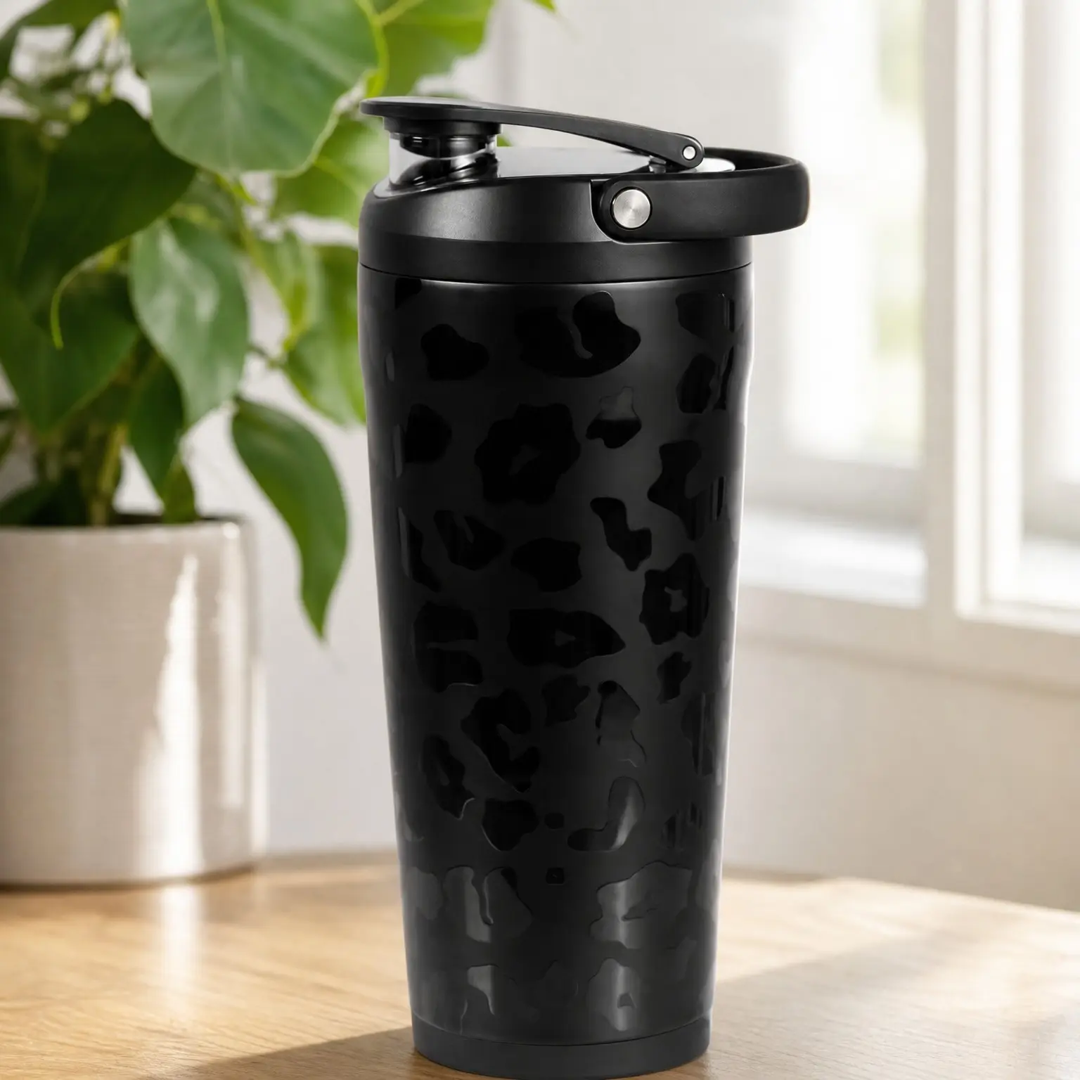 Insulated Protein Shaker Bottle 24oz with Silent Mixing, Black Leopard Print