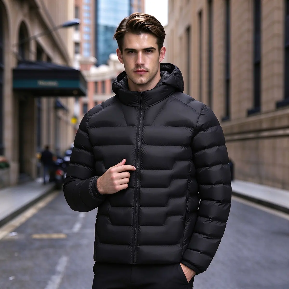 Menswear Plain Long Sleeve Modern Tailored Zip-Up Hooded Puffer Coat - Portable Packable Insulated Outerwear, Solid Black Neat Stitching Jacket for Short City Trips, Daily Walking