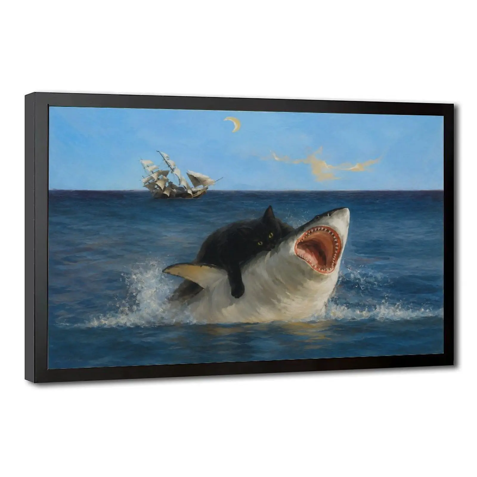 Cat Riding Shark Canvas Poster, Black Cat On Jumping Great White Shark Art Decorative Painting, Nautical Wall Picture for Apartment Home Decor