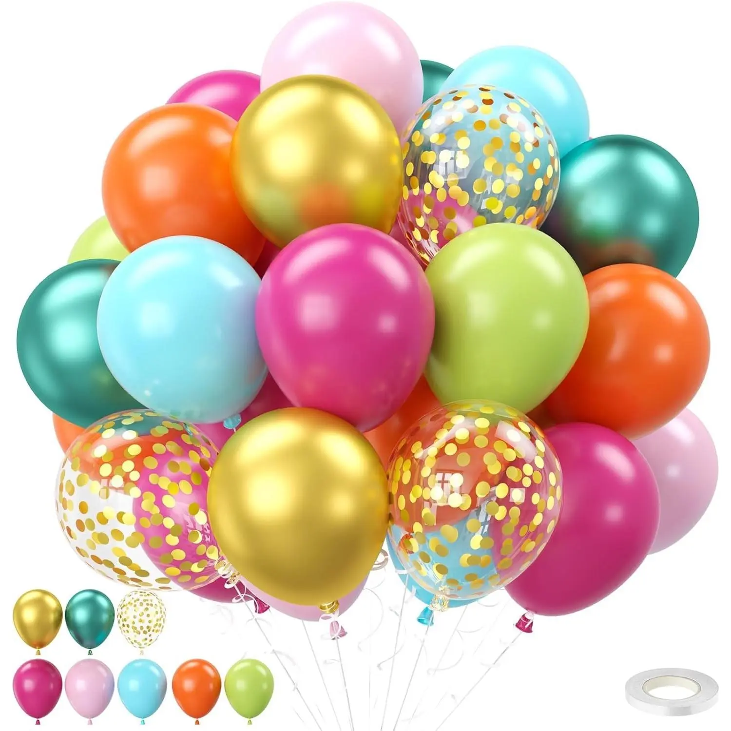 Tropical Balloons, 50 PCS 12 Inch Hawaiian Balloons Hot Pink Orange Teal Green Metallic Gold Summer Balloon for Birthday Party Aloha Luau Party