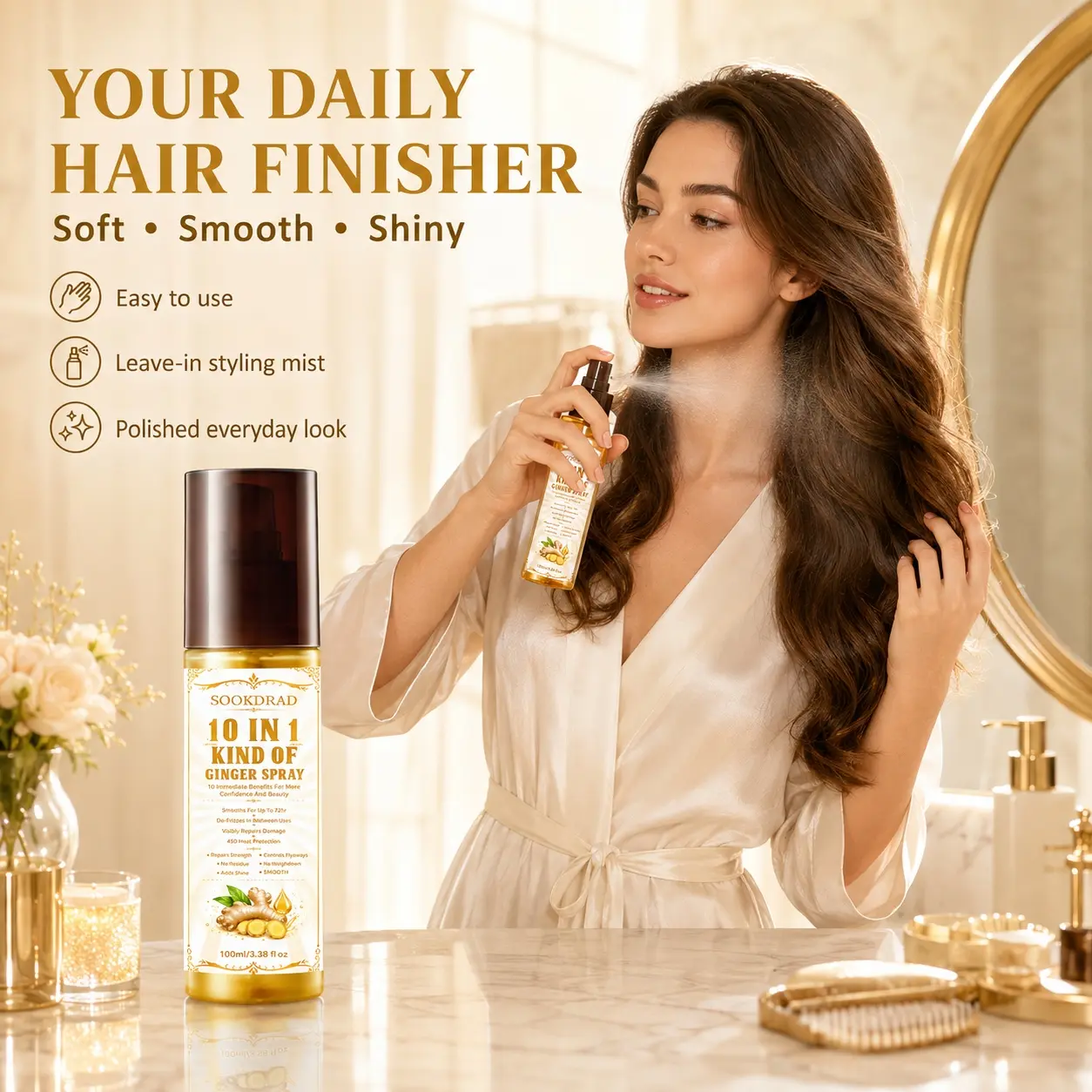 ginger spray, contains ginger, heat protection up to 450, anti-frizz, damage repair, flyaway control, strength repair, no residue, no weigh down, adds shine, smooth hair, 100ml/3.38fl oz