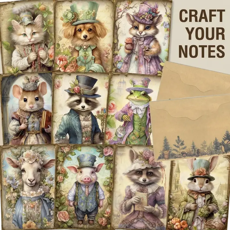 Animal Themed Postcard Set, 48pcs/set Including 12 Postcard & 4 Envelope & 32 Sticker, Envelope Postcards, Greeting Card for Scrapbooking Supplies, Junk Journal, Crafts, DIY Card Set, Scrapbook Materials, Card With Envelope