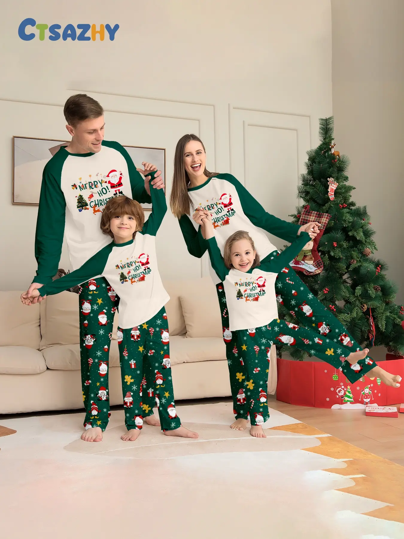 Family Christmas Pajama Set, Matching Holiday Sleepwear, Soft Fabric, Santa Print, Long Sleeve Top & Pants, Perfect for Festive Photos