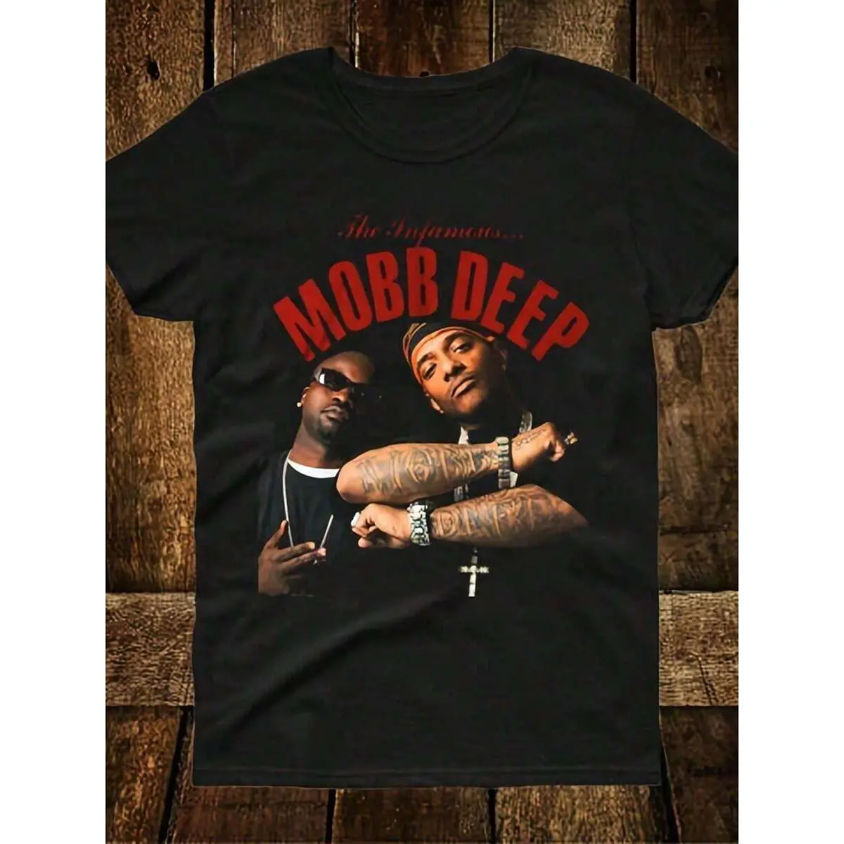 Men's Mobb Deep Graphic Black Short-Sleeve Top - Menswear Round Neck Hip Hop Tee with Bold Red Print, Ideal for Music Streetwear Fans, All Seasons, Tops, Shortsleeve, Bold Print