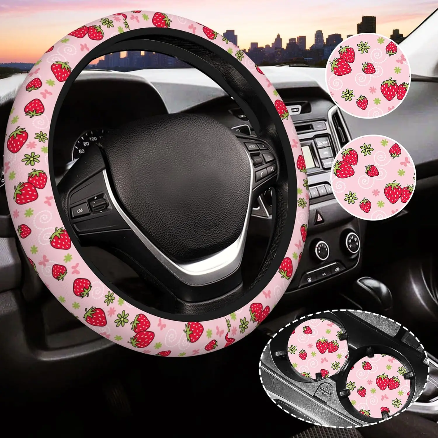Strawberry Steering Wheel Cover for Women,  Auto Steering Wheel 14-15 Inch  Interior Accessories with 2 count  Coasters, Suitable for Men and Women