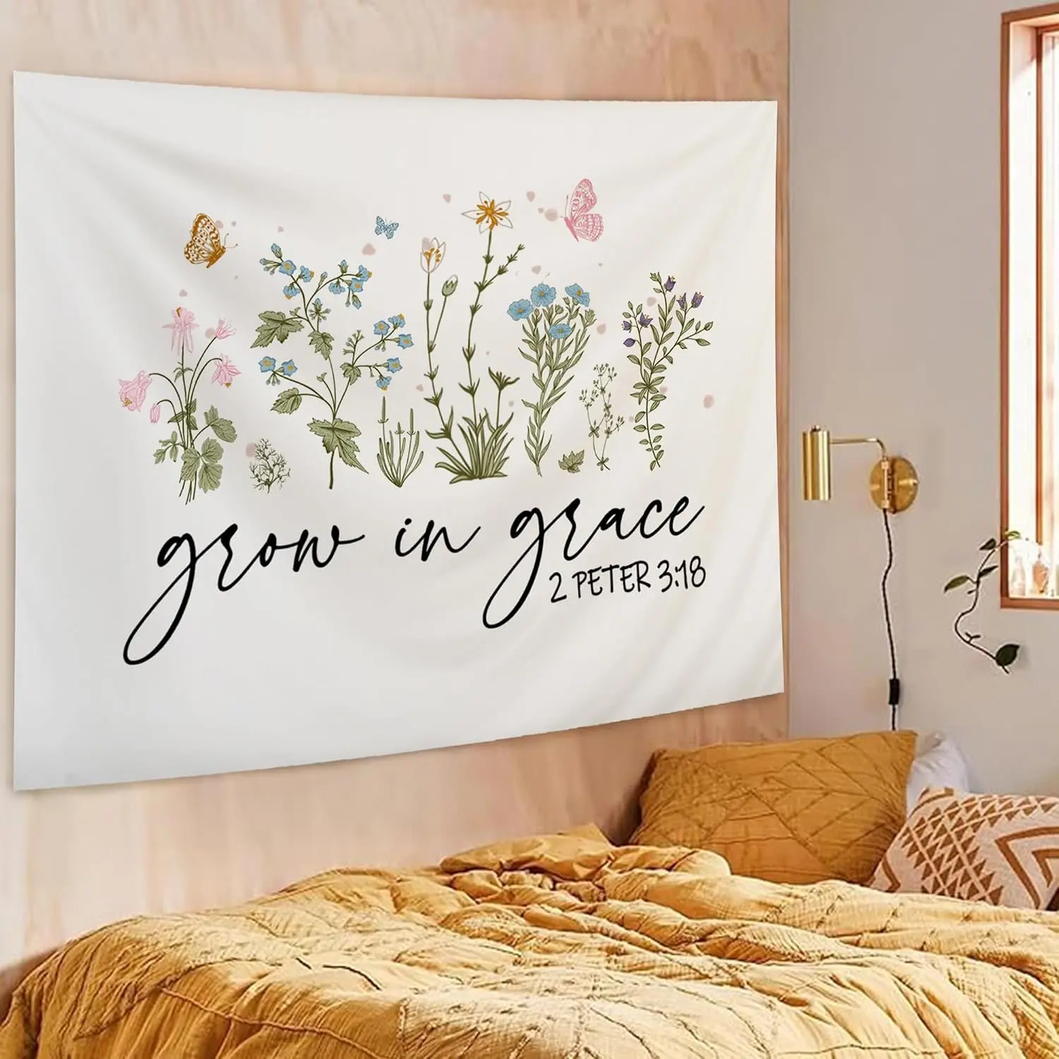 Chang Huai Grace Christ-themed tapestries, flowers with Bible scriptures and fabric wall tapestries, bedroom, living room, dormitory belief wind wall soft decoration, Christian gathering party background, spiritual holiday gifts suitable for believers