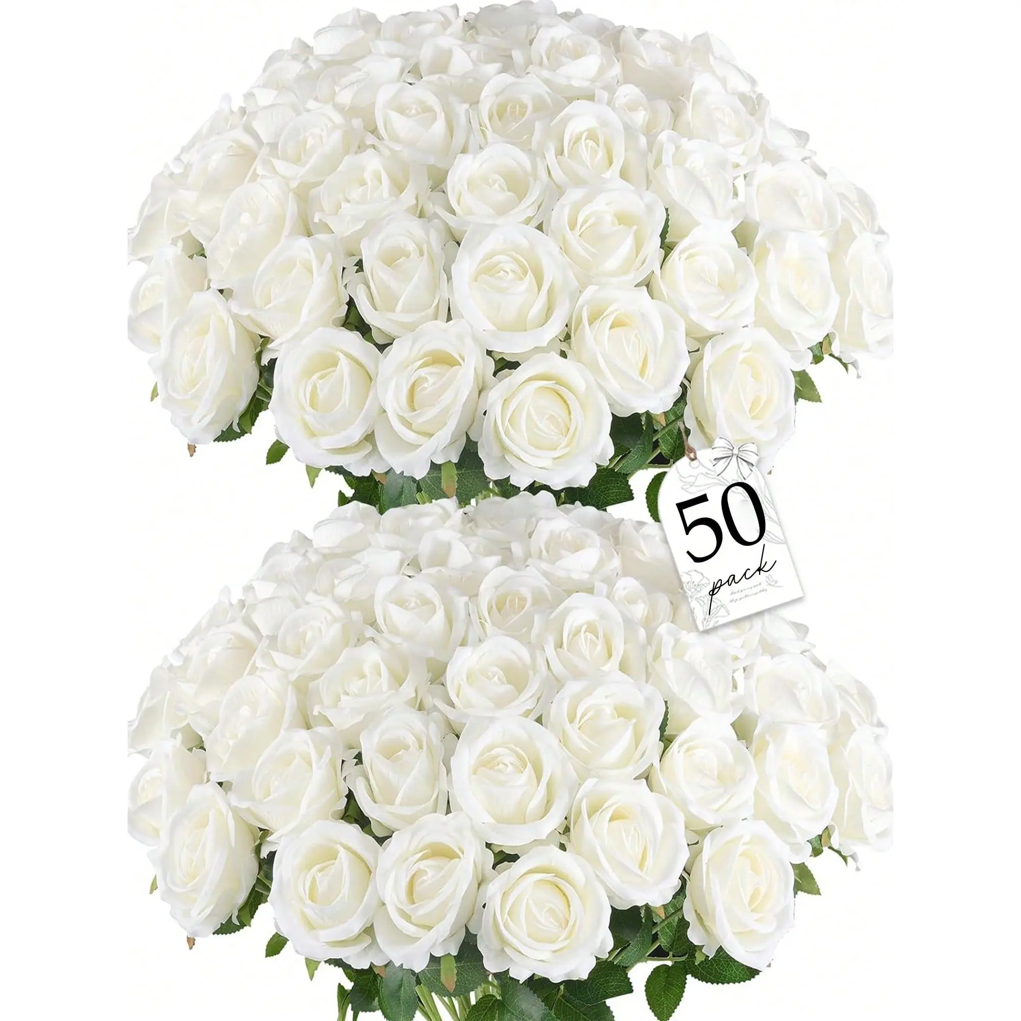50 Pcs Artificial Roses Bulk Velvet Silk White Roses White Roses For Wedding Centerpieces Bridal Bouquet Mother's Day Valentine's Day Home Decor (50, White)