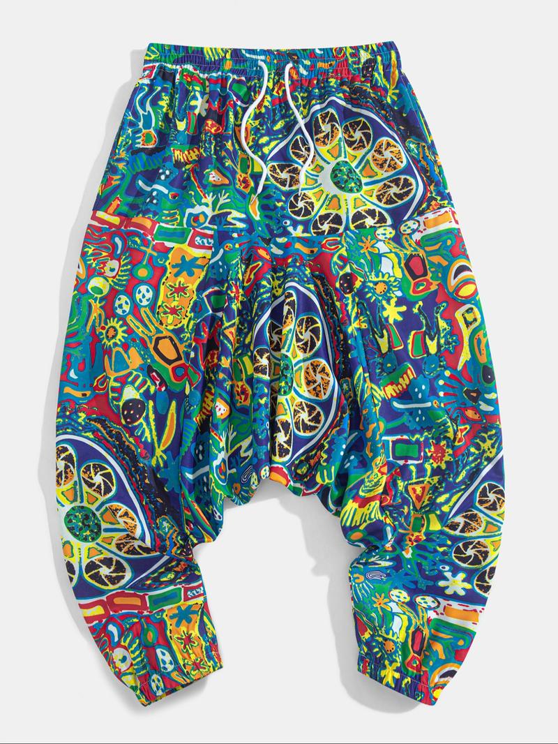 Men's Tribal Pattern Tie Waist Harem, Boho Casual Comfy Trousers for Daily Wear, Men's Bottoms for Summer, Bohemian Trousers