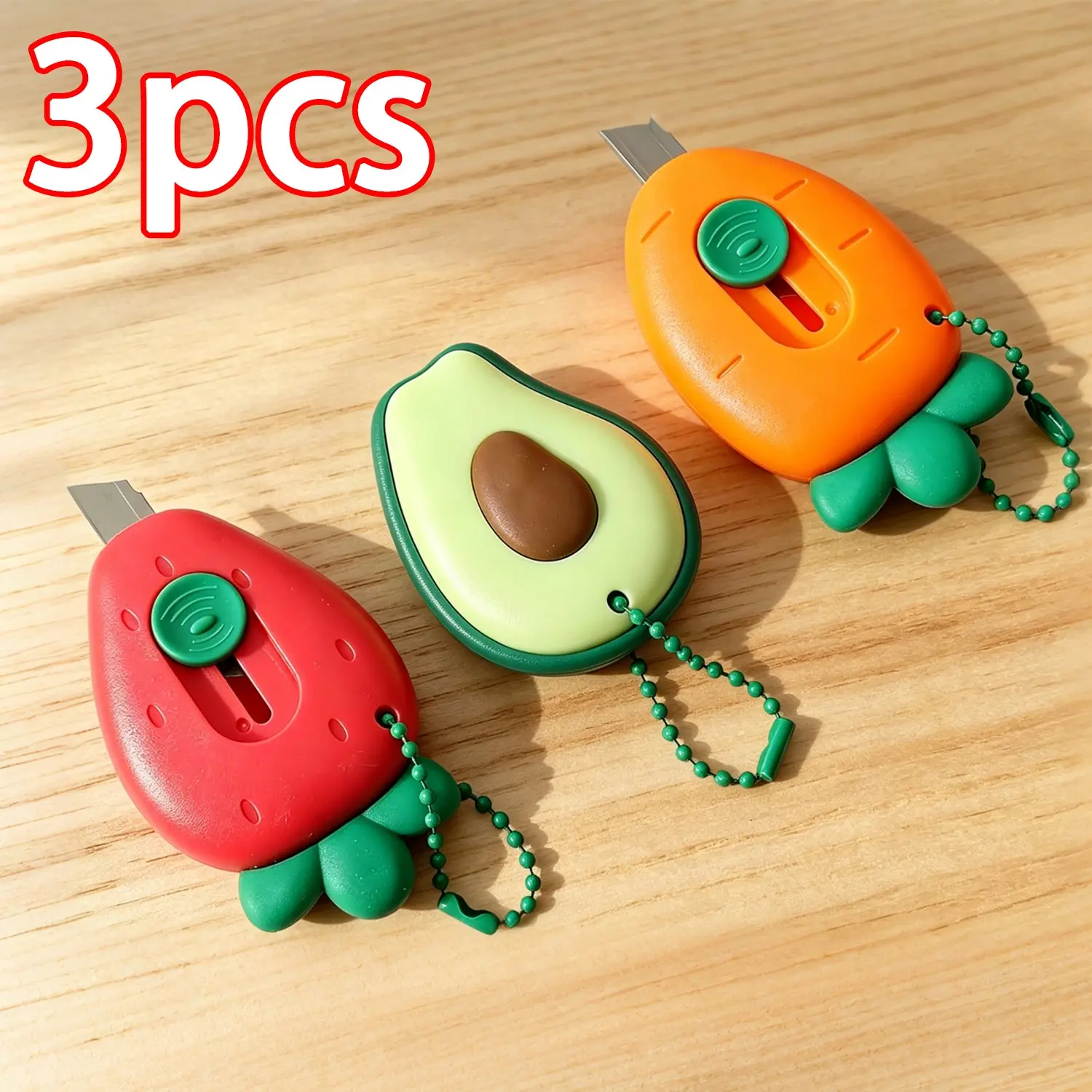 3-Piece Mini Fruit Pocket Knife Set, Auto-Return Safety Cutter, Keychain Included, Portable Office Cutting Supply, Office/DIY Tool, Practical Daily Use