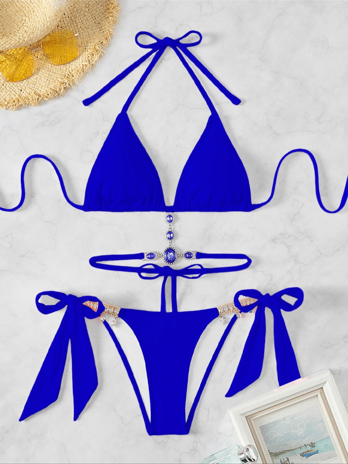 Women's Halter Tie Back Triangle Bra & Ring Linked Panty Bikini Set, Sexy Trendy Summer Swimsuit Set, Ladies Swimwear Rave Outfits, Beach Bikini Set, Solid Color Triangle Bikini Swimsuit Set,Women's Triangle Bikini with Back Tie,