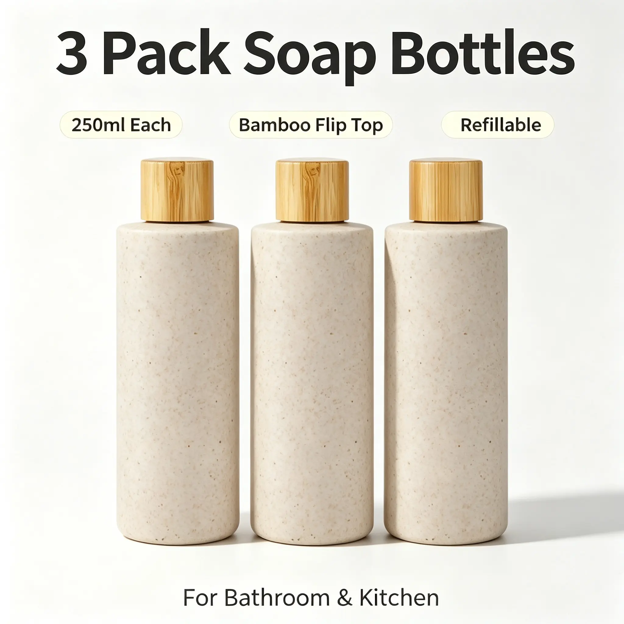 3 Pack 250ml Eco-Friendly Flip Top Soap Bottles with Bamboo Lids, Refillable Squeeze Bottles for Bathroom Kitchen