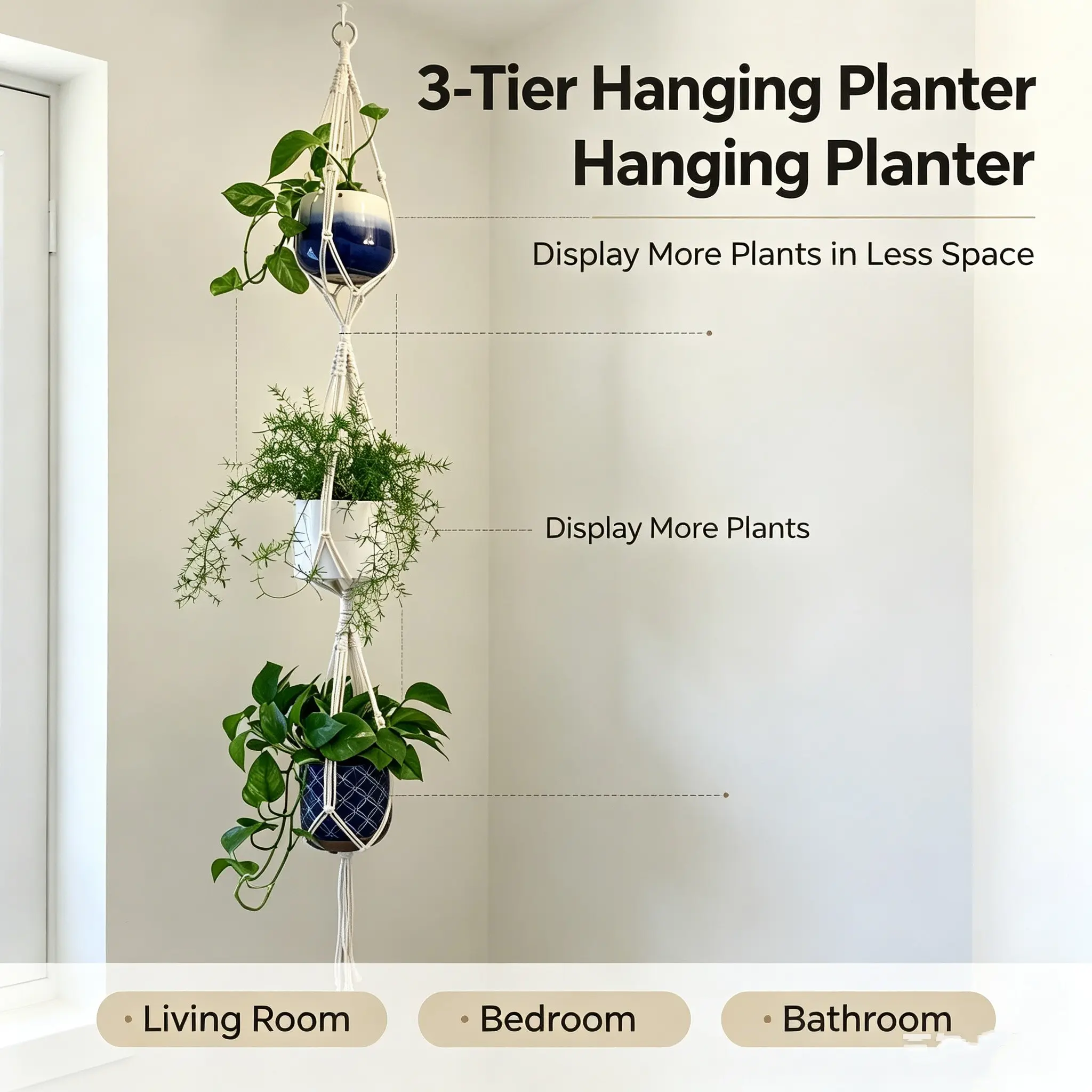 2-Tier & 3-Tier Macrame Plant Hanger, Boho Hand-Woven Cotton Rope, Indoor Wall Hanging Planter Holder, Home Decor with Free Hook