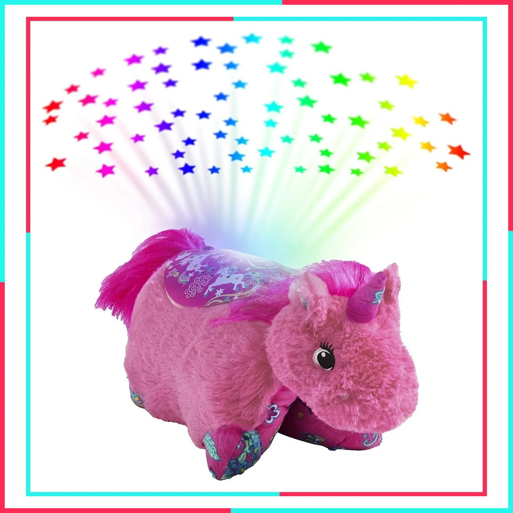 11" Pink Unicorn Plush Pillow with Night Light, Rainbow Star Projector, 3 Color Modes, 20-Minute Auto-Off Timer, Cuddly Snuggle Buddy
