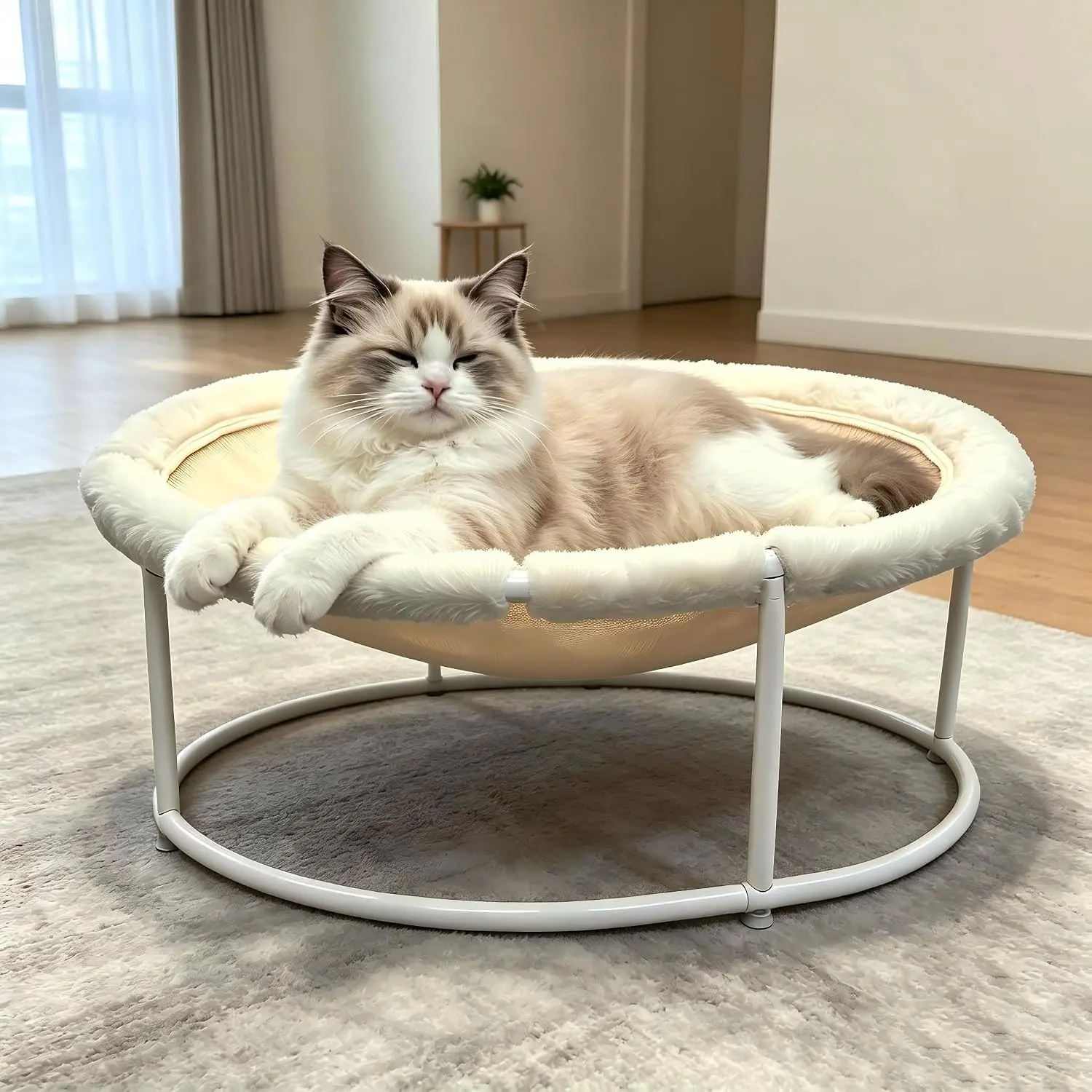 Elevated Cat Hammock Bed, All-Season Use for Large Cats and Small Dogs | Supports Up to 66 LBS with Iron Frame, Washable Dual-Sided Pet Mat with Plush Fleece & Mesh Surface, Cream White