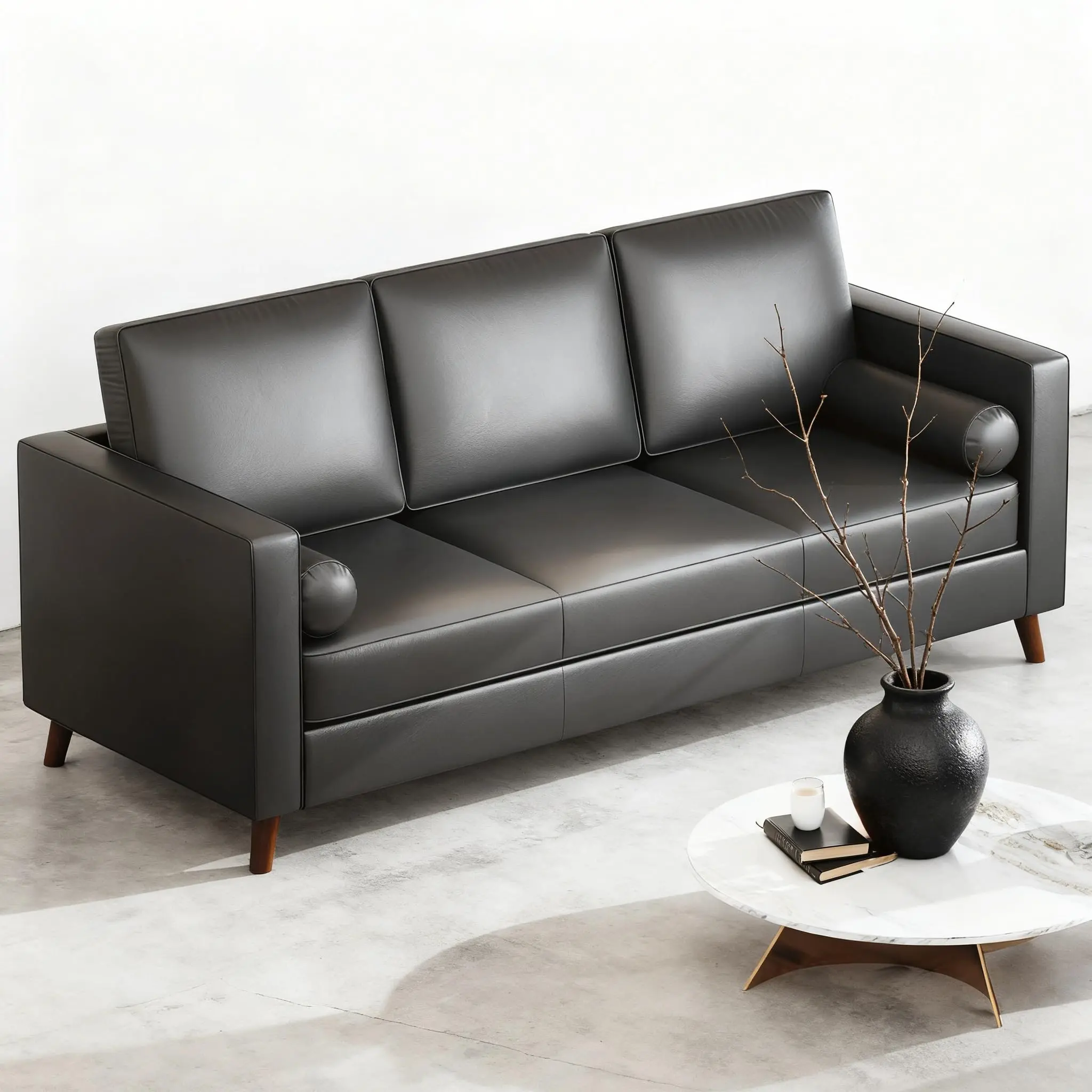 Garvee 86" Leather Sofa, Mid-Century Modern Couch, Faux Leather Couch with Deep Seats, 3-Seat Sofa for Living Room, Office, Black